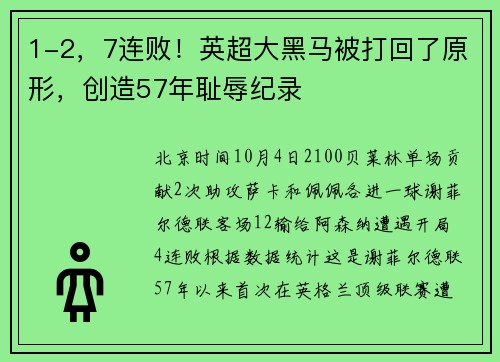 1-2，7连败！英超大黑马被打回了原形，创造57年耻辱纪录